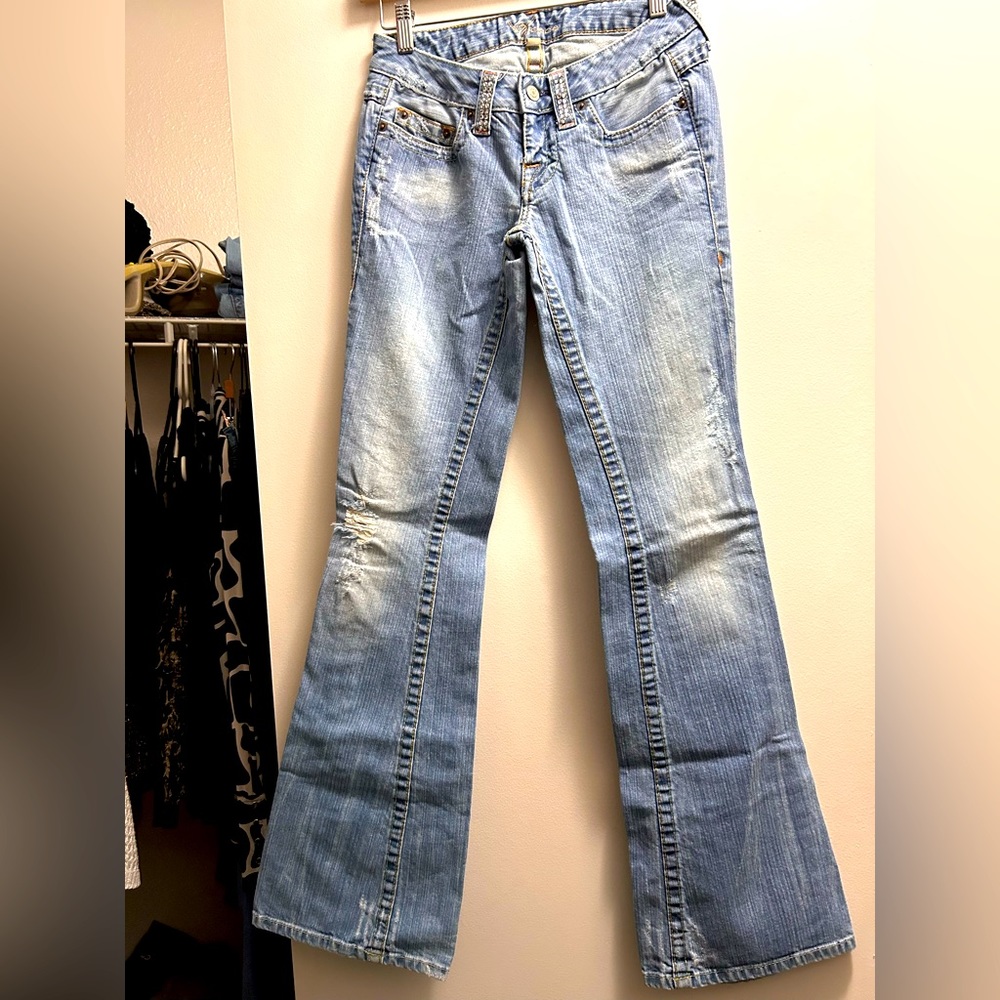 “BEBE” LIGHT BLUE JEANS/SIZE 26US TALL/RHINESTONE LOGO BACK AND FRONT/DISTRESSED